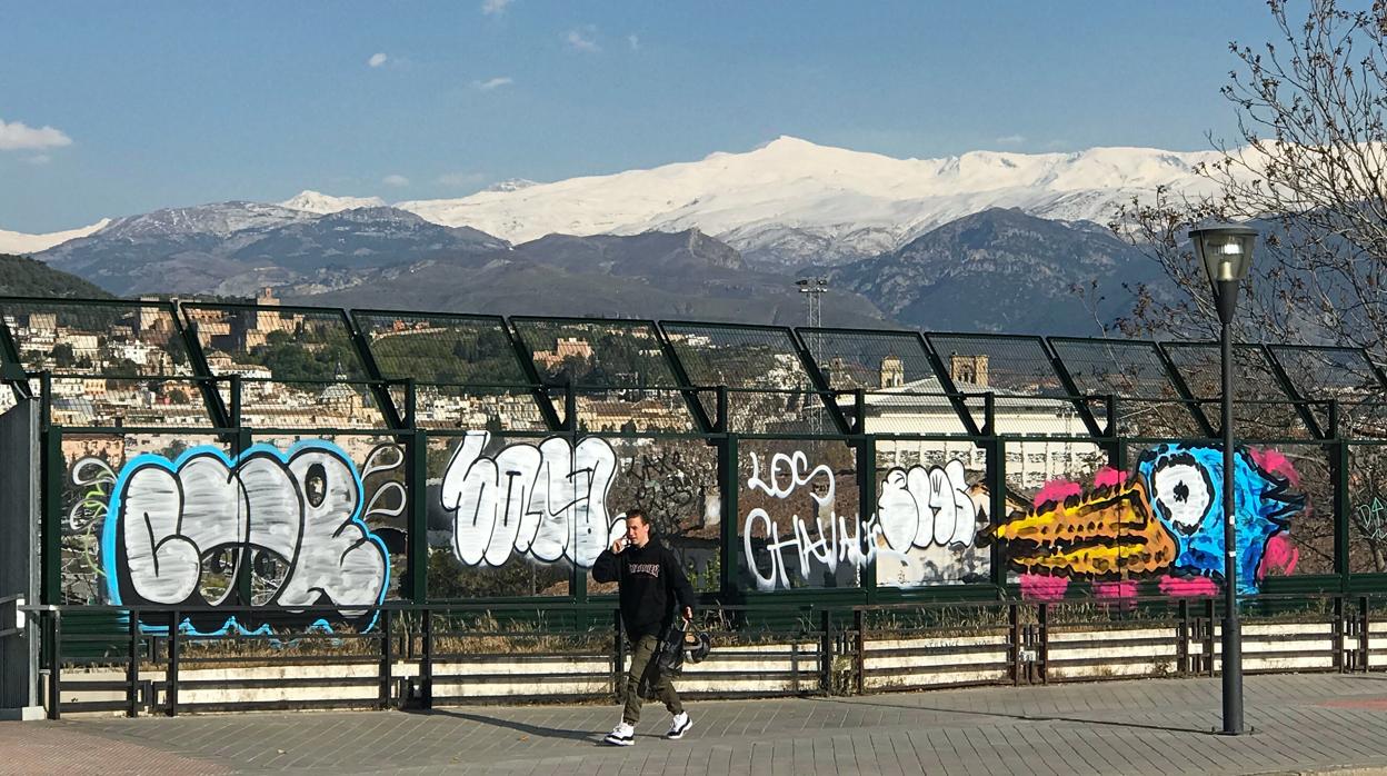 Las pintadas llenan las pantallas de metacrilato, que además distorsionan las vistas de Granada.