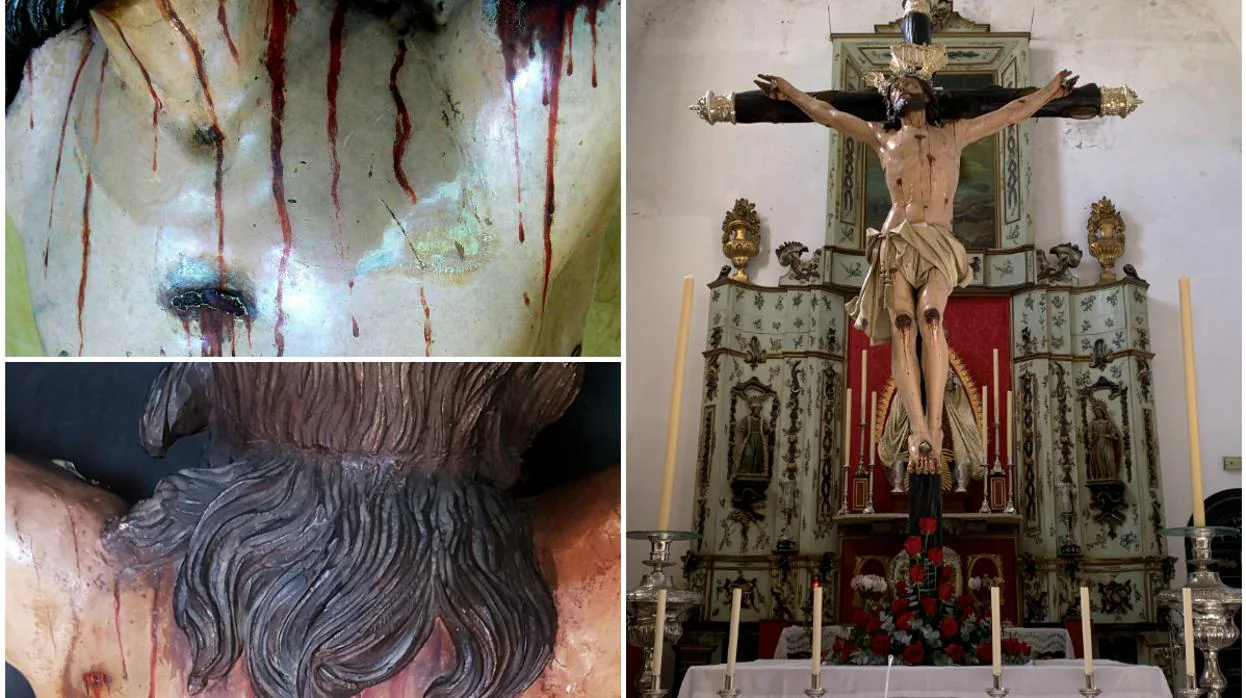 Detalles del pecho y de la espalda de la imagen y a la derecha, el Cristo ya restaurado