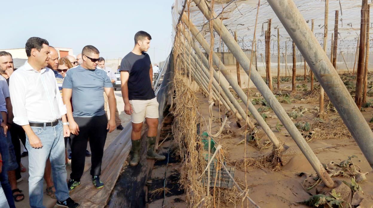 El presidente andaluz, Juanma Moreno, visita invernaderos afectados por el temporal en Níjar