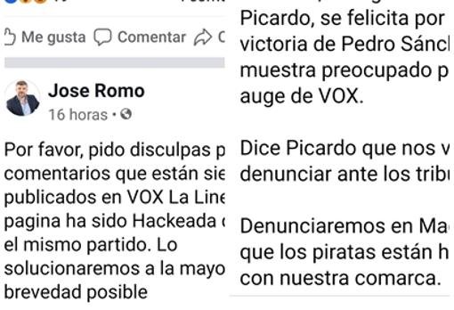 Capturas de los muros de Facebook de Romo y Vox La Línea
