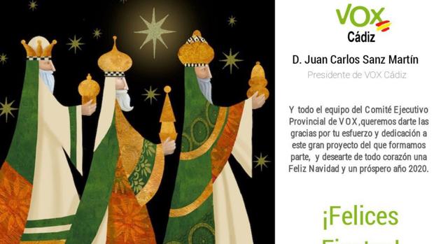 Vox Cádiz elimina al rey negro de una de sus opciones de felicitación de Navidad