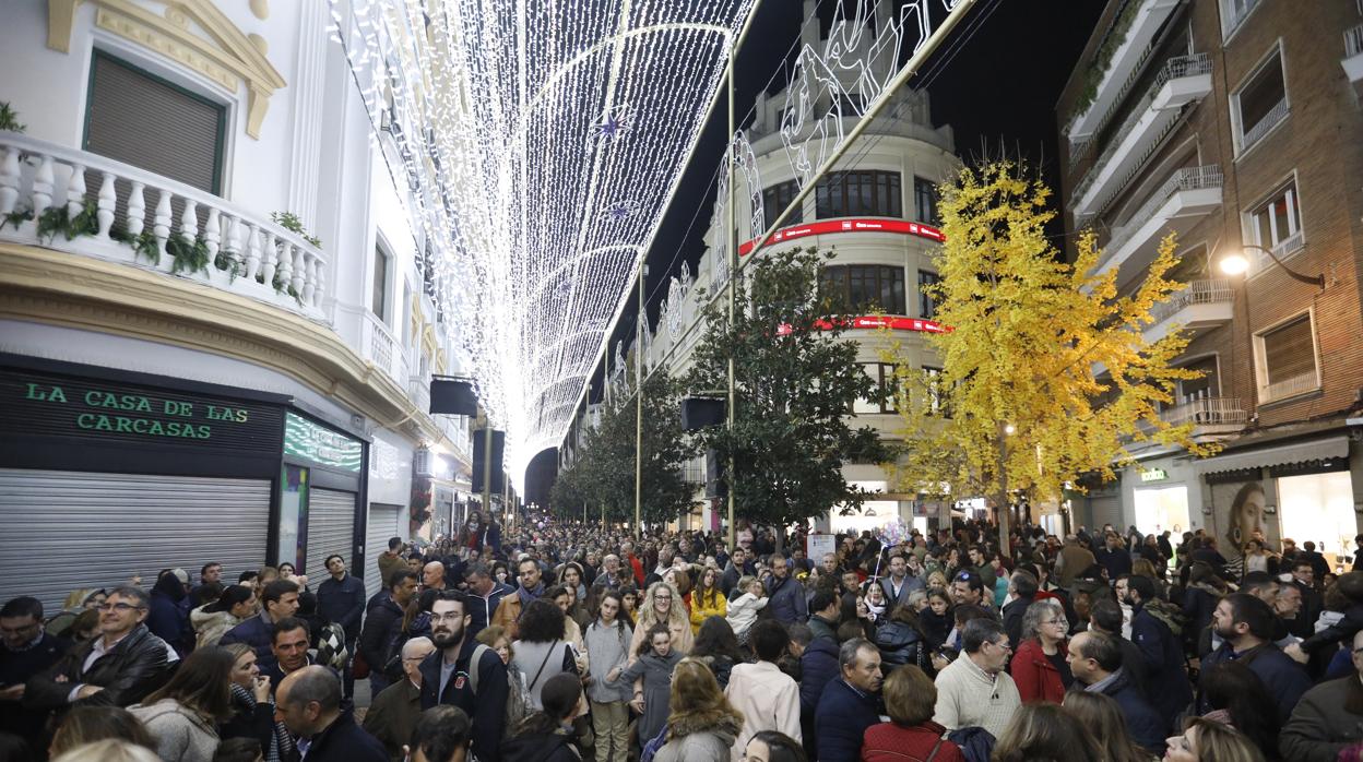 Publico disfrutando del espectáculo de luz y sonido de Navidad en la calle Cruz Conde