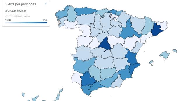 Mapa interactivo de la Lotería de Navidad | ¿Cuántas veces ha caído El Gordo en cada provincia?