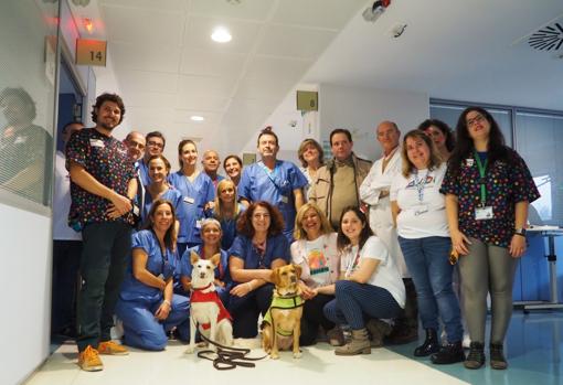 Pecas y Garbanzo junto a los profesionales del Hospital Materno Infantil