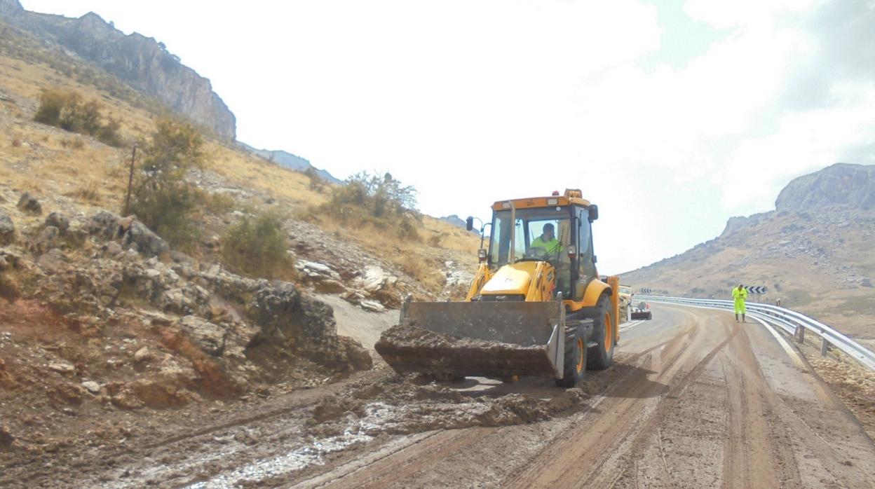 Trabajos de limpieza en una carretera autonómica en Córdoba tras un temporal