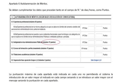 Bloque de la autobaremación de méritos del formulario