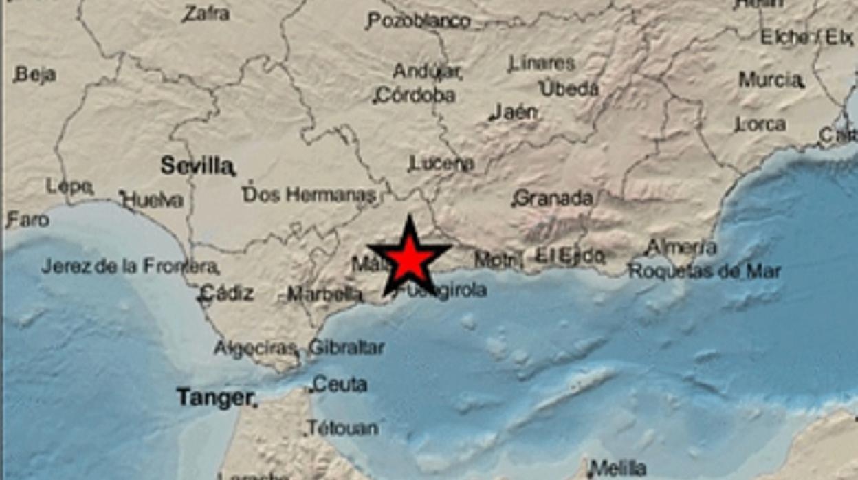 Mapa con la ubicación del movimiento sísmico en Almogía