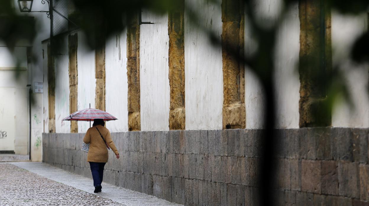 Una mujer pasea bajo la lluvia por Córdoba