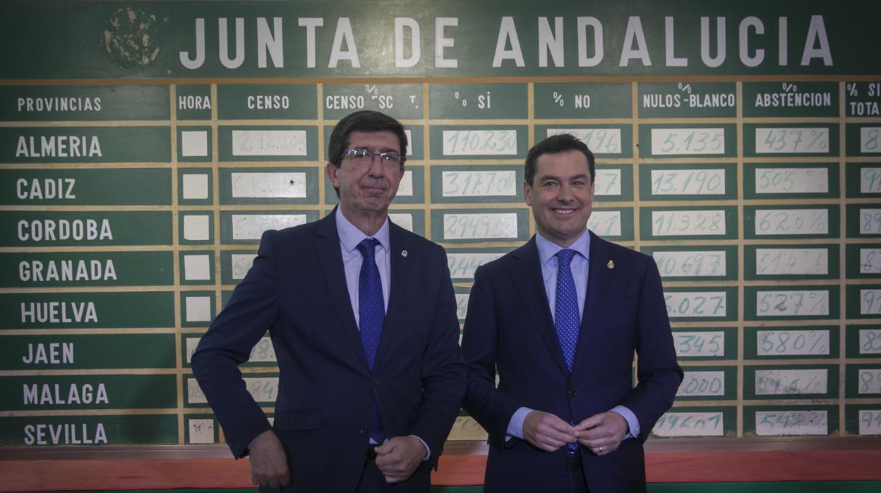 Juan Marín y Juanma Moreno, en el Consejo de Gobierno de la Junta de Andalucía
