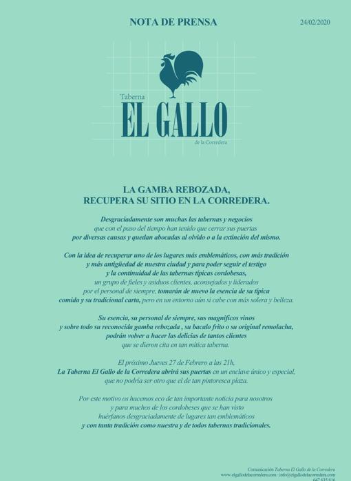 Invitación al acto de inauguración de la nueva taberna