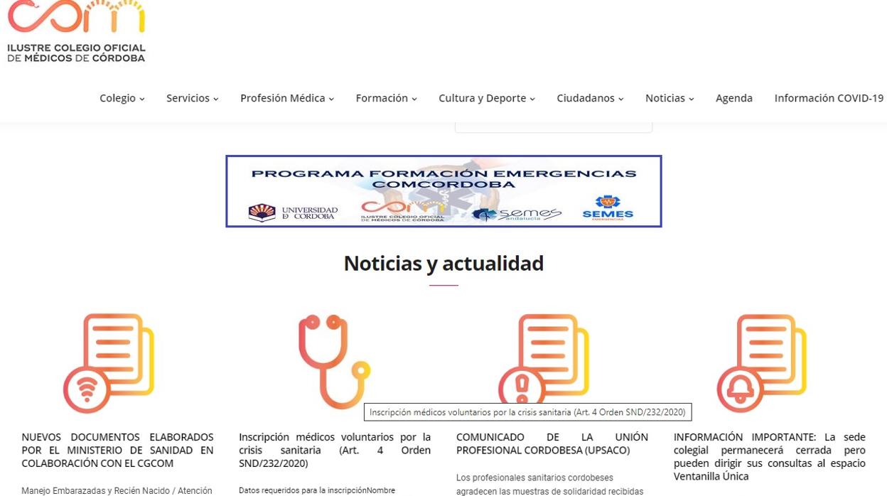 Captura de pantalla de la web del Colegio de Médicos; la entrada para hacerse voluntario es la segunda