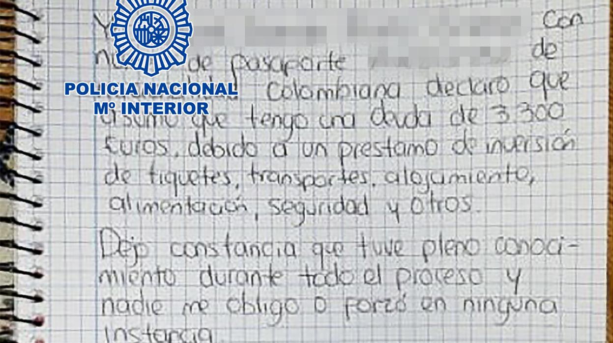 Hoja que obligaron a firmar a una de las víctimas para pagar su deuda