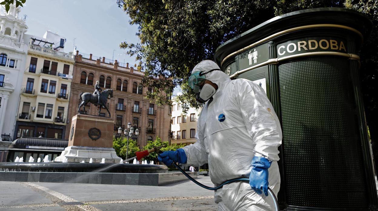 Un operario de Sadeco realiza tareas de desinfección en la plaza de Las Tendillas de Córdoba