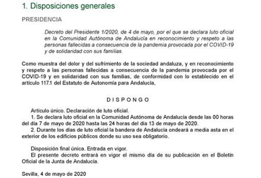 La publicación del BOJA donde se recoge el luto en Andaucía