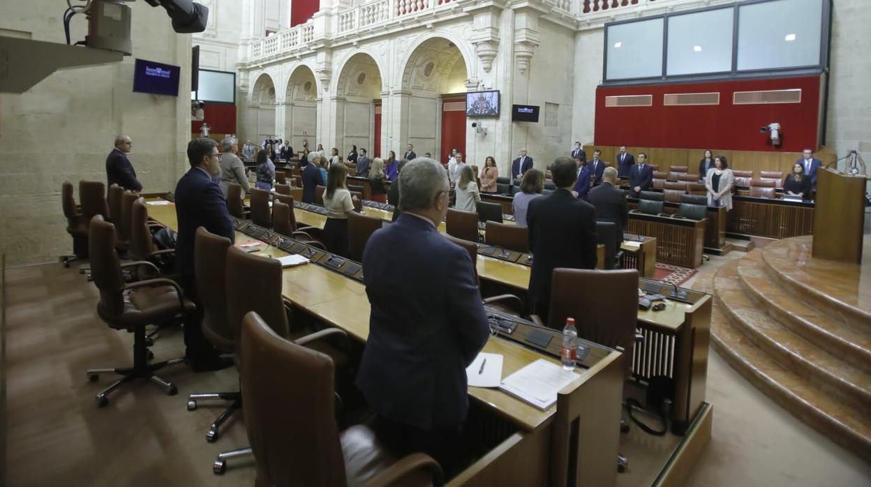 Los diputados del Parlamento que asisten al primer pleno ordinario tras el estado de alarma, guardan un minuto de silencio por las víctimas del coronavirus