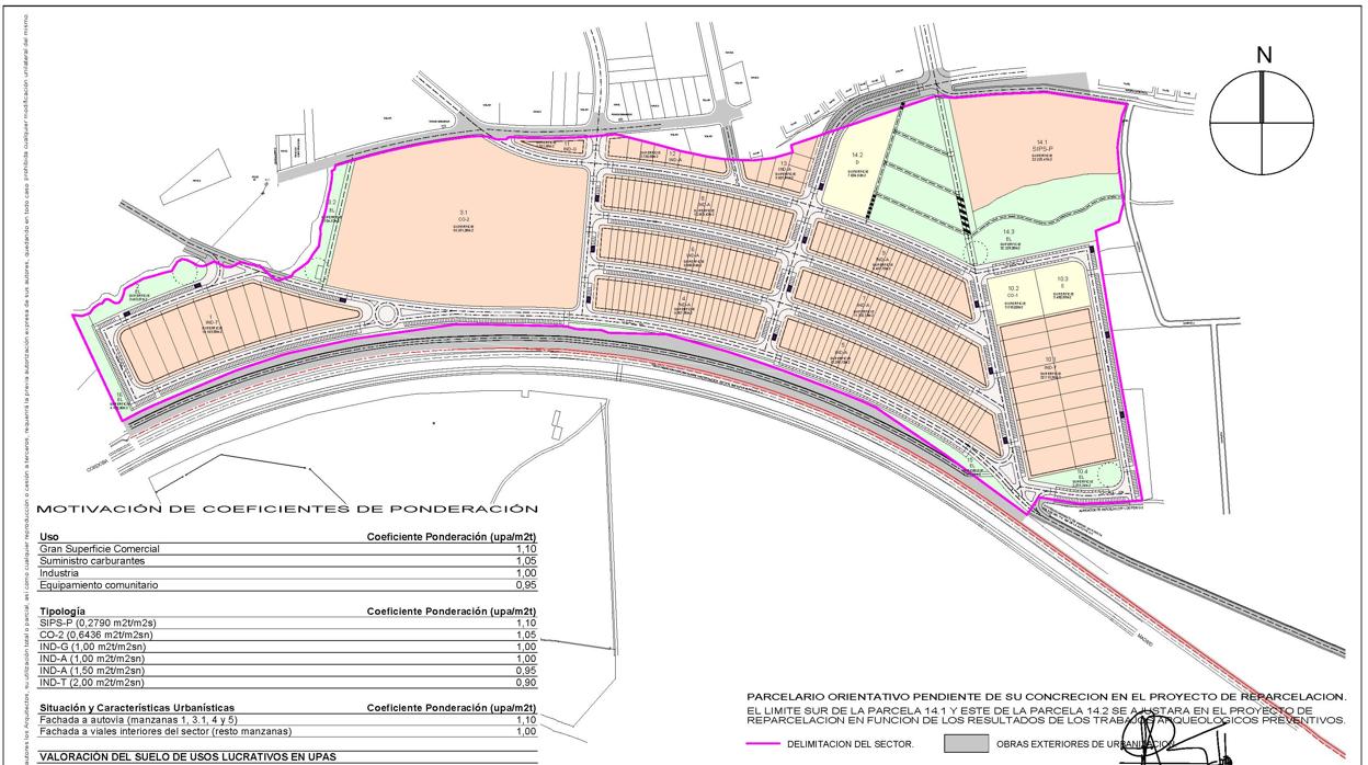 Cuadro de usos del plan parcial con la Autovía de Andalucía en la zona baja de la imagen