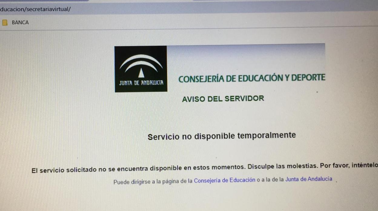 Imagen de la web de la Secretaría Virtual de la Consejería de Educación colapsada