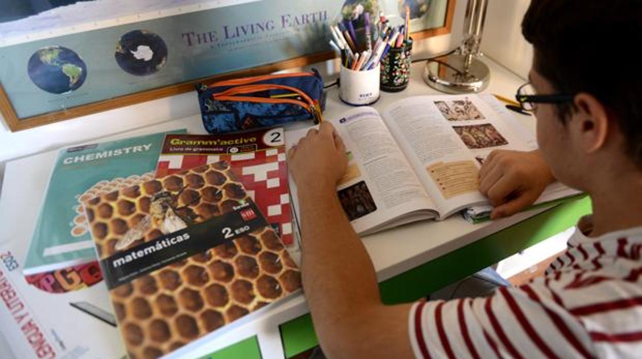 Un niño estudia con todo su material escolar