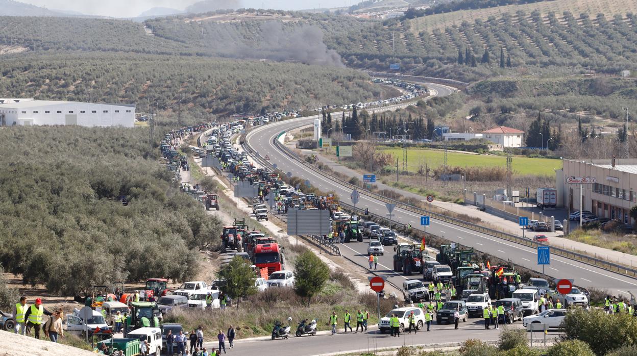 Panorámica de la Autovía del Olivar en Lucena con una larga cola de tractores concentrados