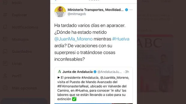 El Ministerio de Transportes ataca a Juanma Moreno a través de su perfil de Twitter