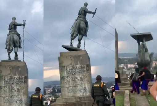 Momento del derribo de la estatua en Popayán de Sebastián de Belalcázar