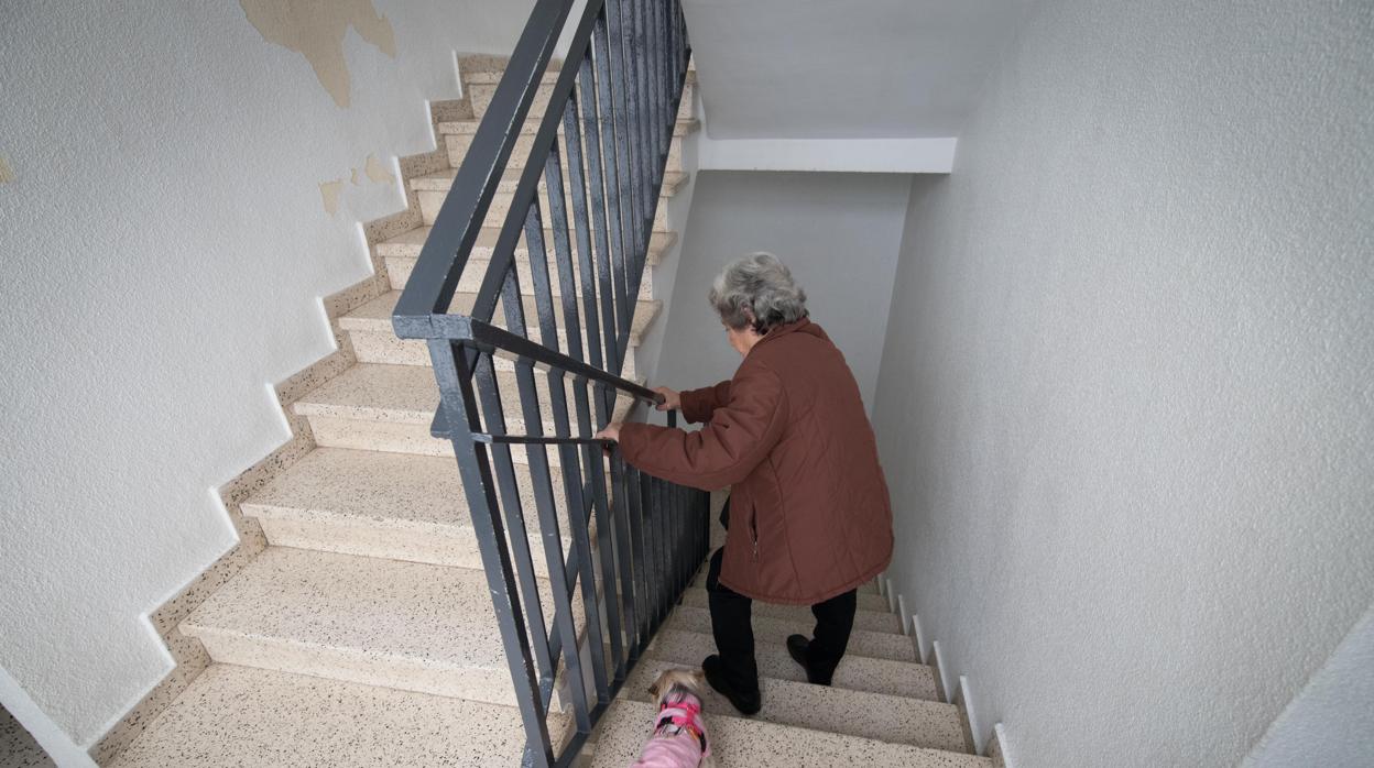 Una señora intenta bajar las escaleras de su bloque