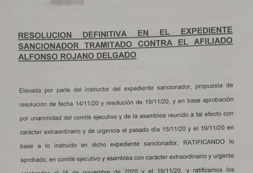 Comunicación oficial de la expulsión