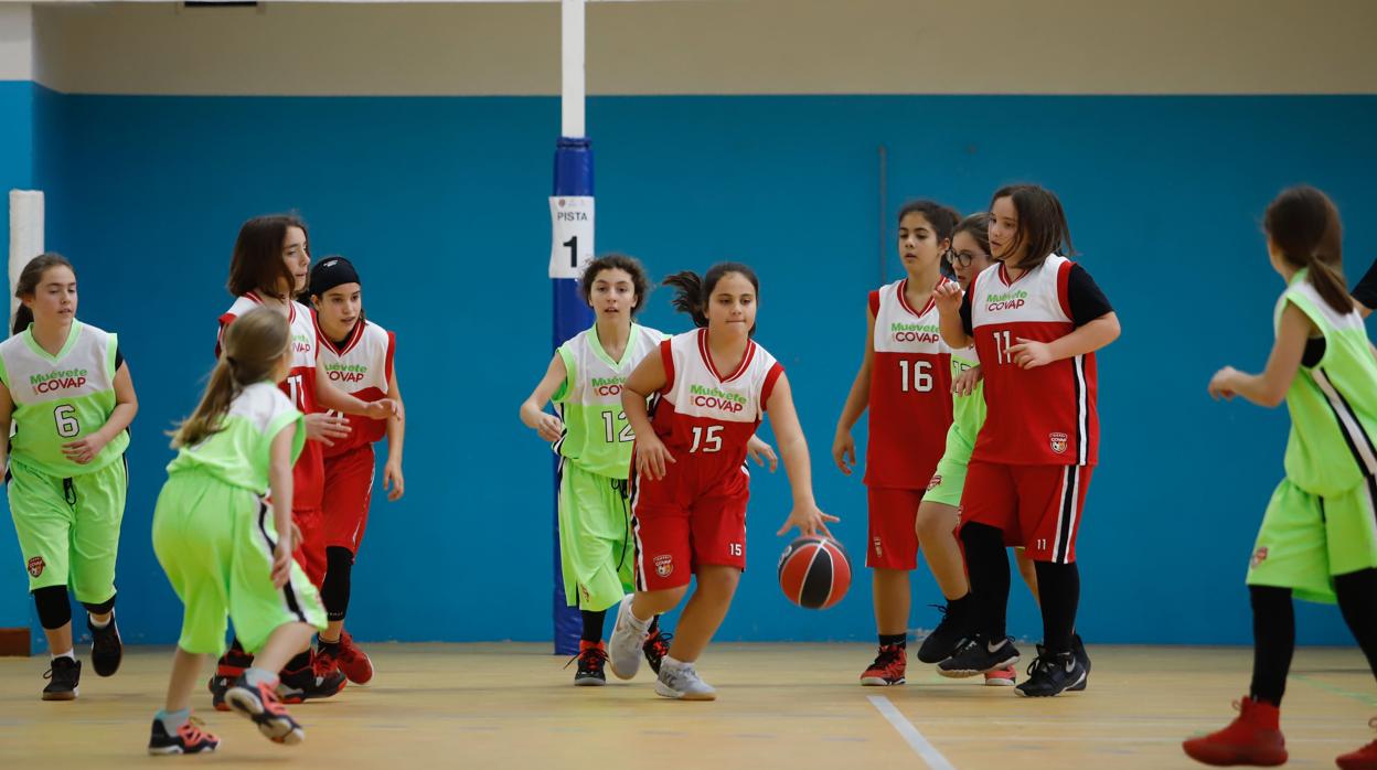 Varias niñas juegan un partido de baloncesto de la Copa Covap