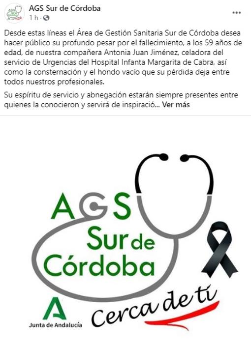 Captura de pantalla del perfil de Facebook del Área Sanitaria Sur de Córdoba