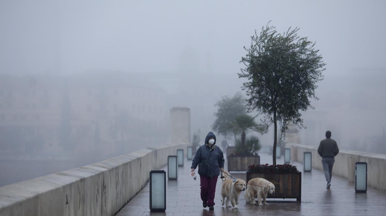 Ciudadanos con impermeable en el Puente Romano