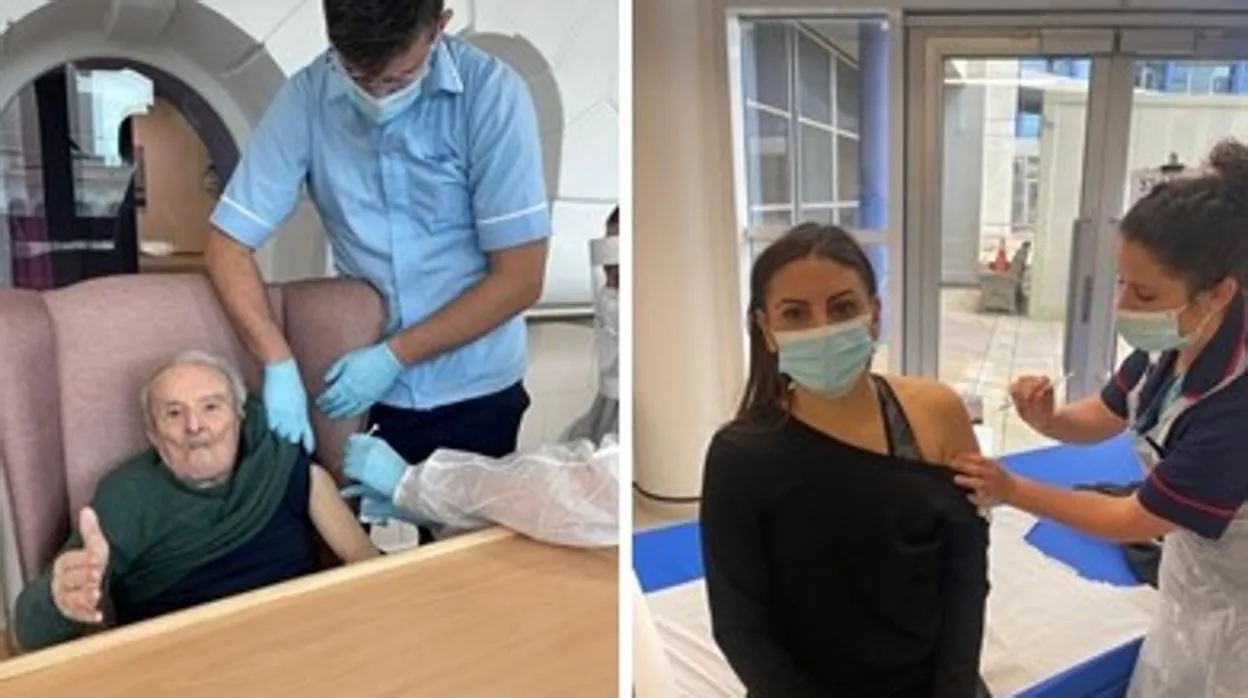 De izquierda a derecha, el primer vacunado en Gibraltar y una matrona reciben la segunda dosis
