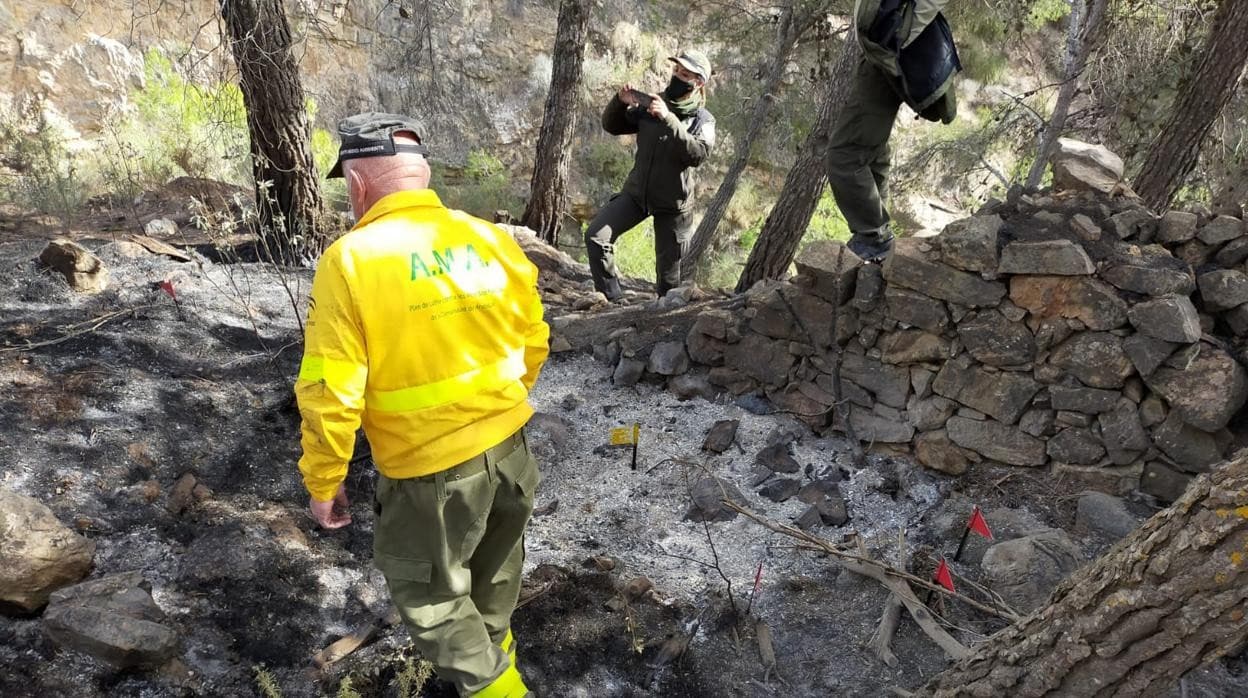 La Brigada de Investigación de Incendios Forestales durante las labores de investigación en el incendio de Berja.