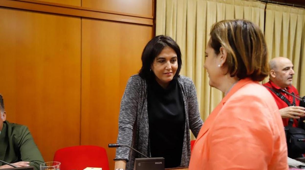 Eva Timoteo conversa con Blanca Torrent (PP) en un Pleno del Ayuntamiento en 2019