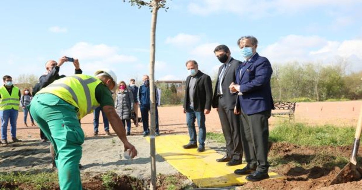 Un operario riega un árbol plantado en el parque de Levante ante Bellido y Fuentes