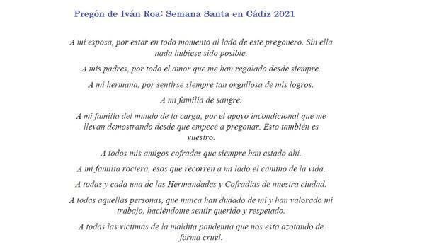 Lee el pregón íntegro de la Semana Santa de Cádiz 2021