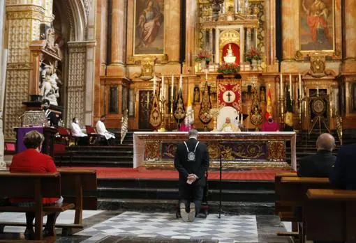 Un cofrade de Ánimas, arrodillado frente al Santísimo en la Catedral