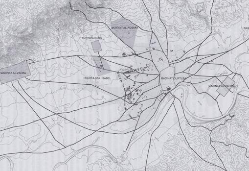 Croquis con la ubicación de varias edificaciones de la época musulmana; Alzahira aparece también en el meandro del Guadalquivir, con otros grandes espacios en Turruñuelos, Huerta Santa Isabel y la Arruzafa