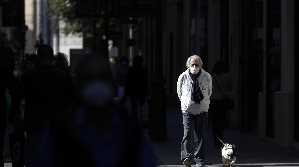 Un hombre pasea a su mascota por el centro de la ciudad