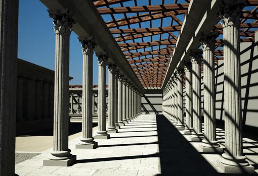 Recreación de la galería interior de la plaza, con el templo a la izquierda