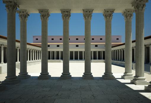 Plaza porticada vista desde el interior del templo romano de Claudio Marcelo