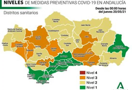 Niveles de alerta de Andalucía; en el nivel 1 están permitidas las pistas de baile de las discotecas