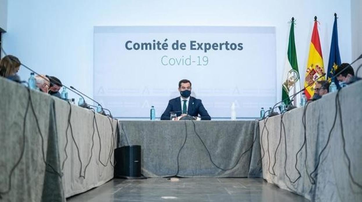 Juanma Moreno, durante una reunión del comité de expertos