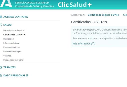 Apartado de Certificados Covid en la página de ClicSalud+