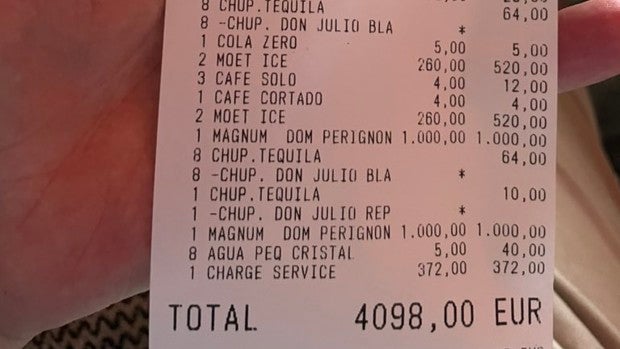 Los 4.000 euros de una cuenta en Marbella con varias hamburguesas y botellas de champán premium