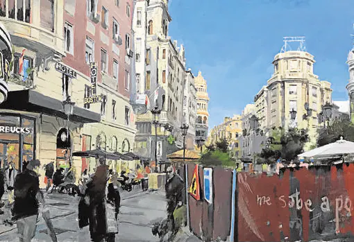 Uno de los cuadros terminados por Javier Bassecourt sobre la plaza de Las Tendillas