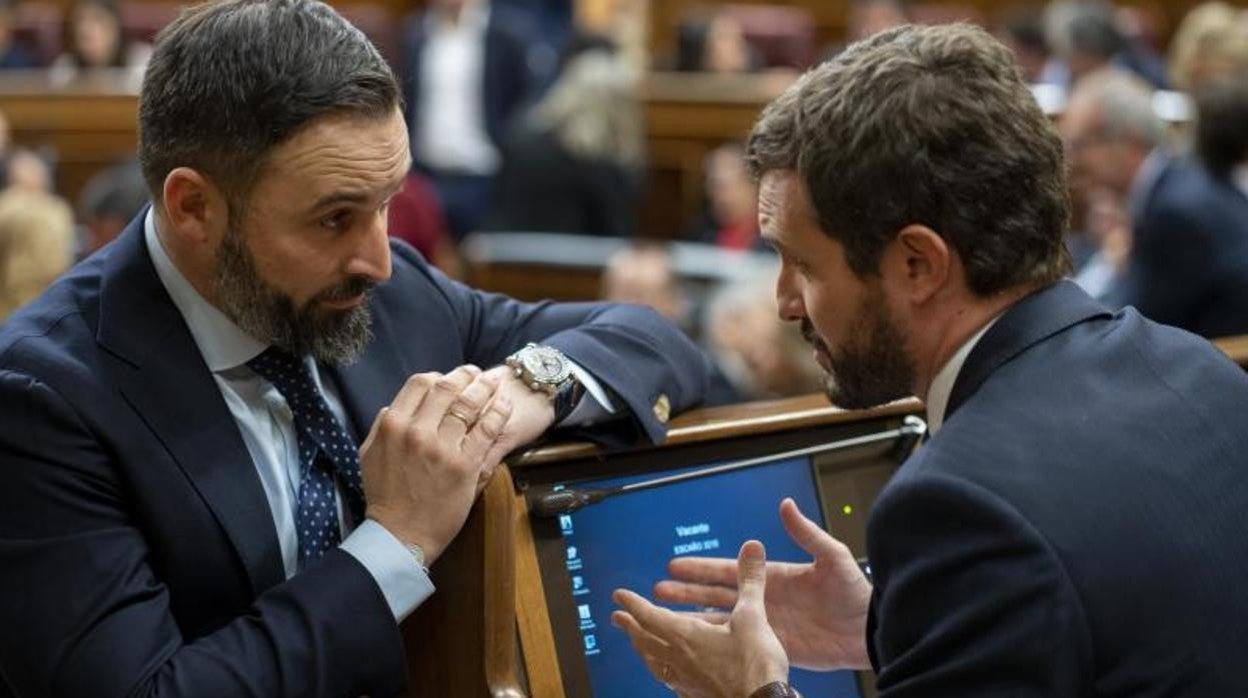 Santiago Abascal charla con Pablo Casado en una sesión del Congreso