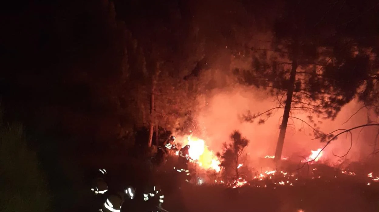 Los bomberos forestales luchan contra el fuego durante la noche