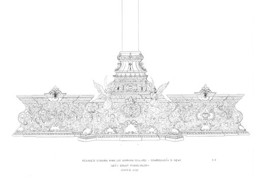 Diseño de la peana para el Crucificado, Nuestra Señora de la Soledad Coronada y María Magdalena