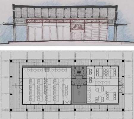 Croquis de cómo sería el contenedor interior nuevo y el plano de la planta del mismo con los nuevos usos