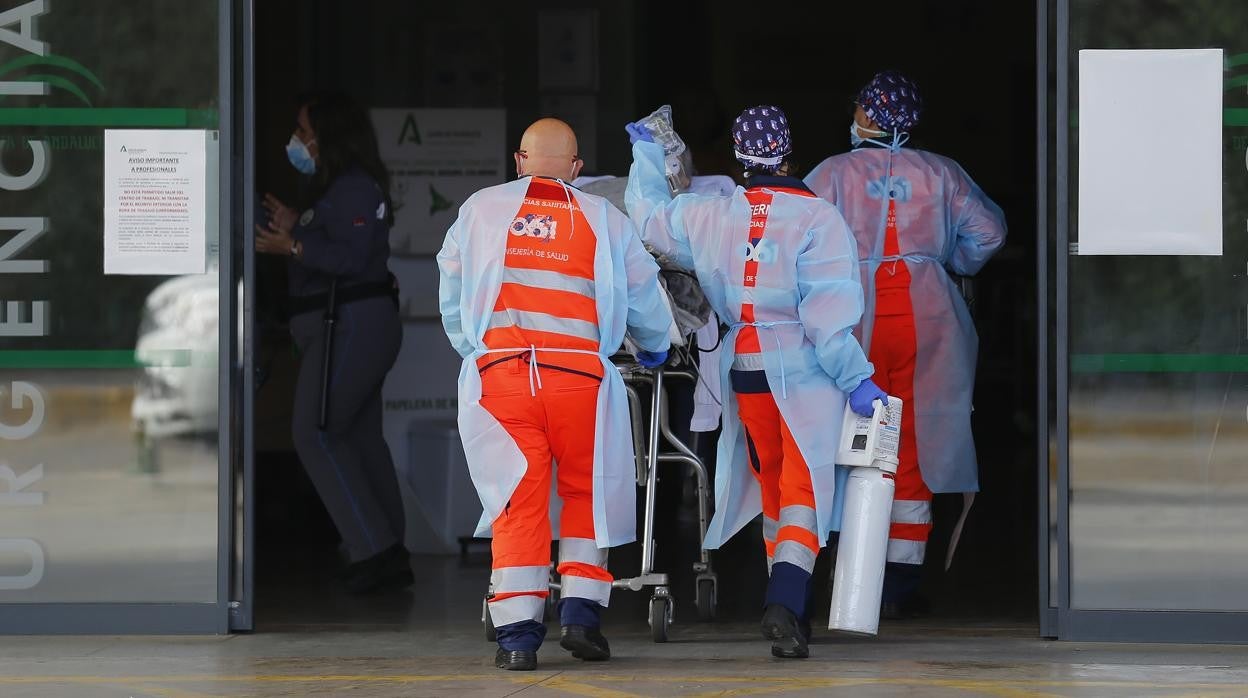 Sanitarios introducen a un enfermo en el Área de Urgencias del Hospital Reina Sofía de Córdoba